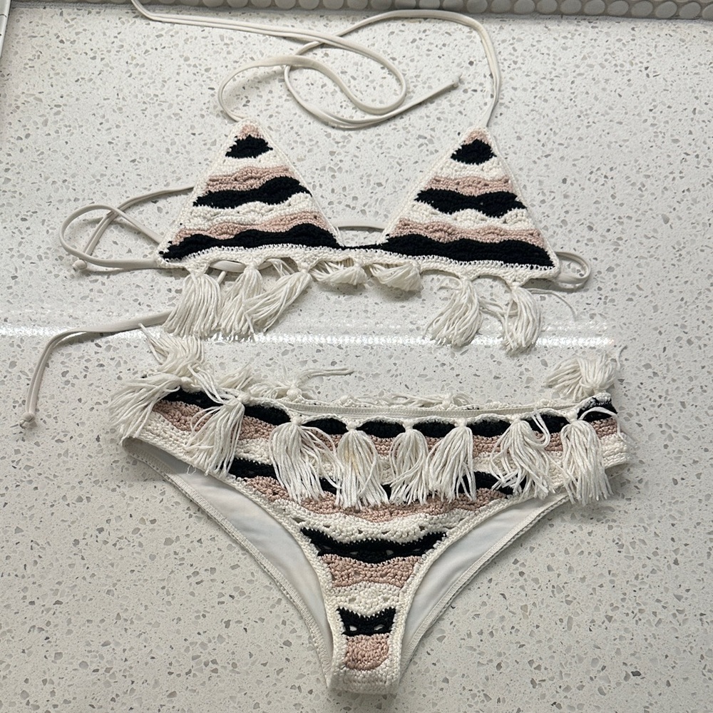 Tularosa Black and Cream Crochet Fringe Bikini NWOT